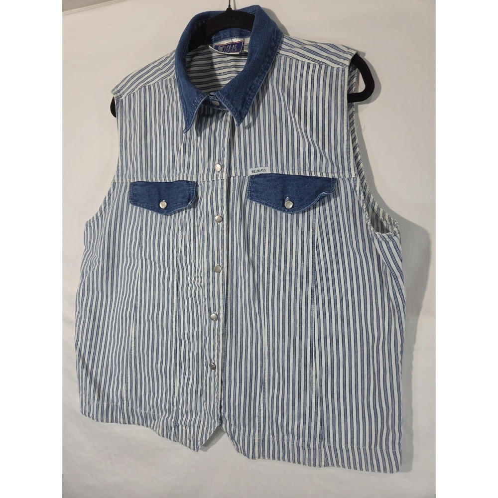 Bill Blass Striped Sleeveless Denim Shirt Vest Women 2X Blue White Excellent